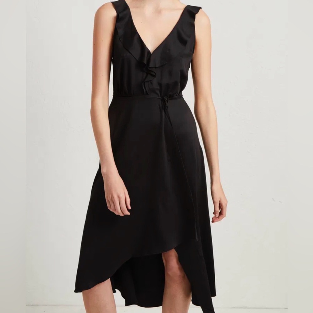 French Connection Black Ruffle V-Neck High-Low Wrap Dress